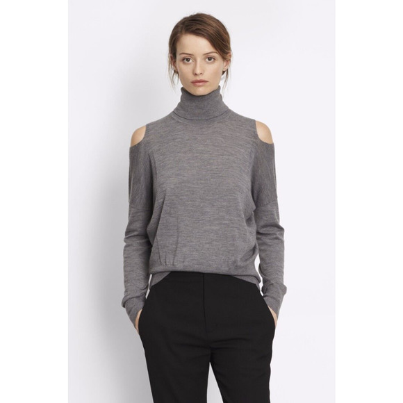 Vince Split Shoulder Merino Wool Turtleneck Sweater Womens M Grey - Picture 1 of 6